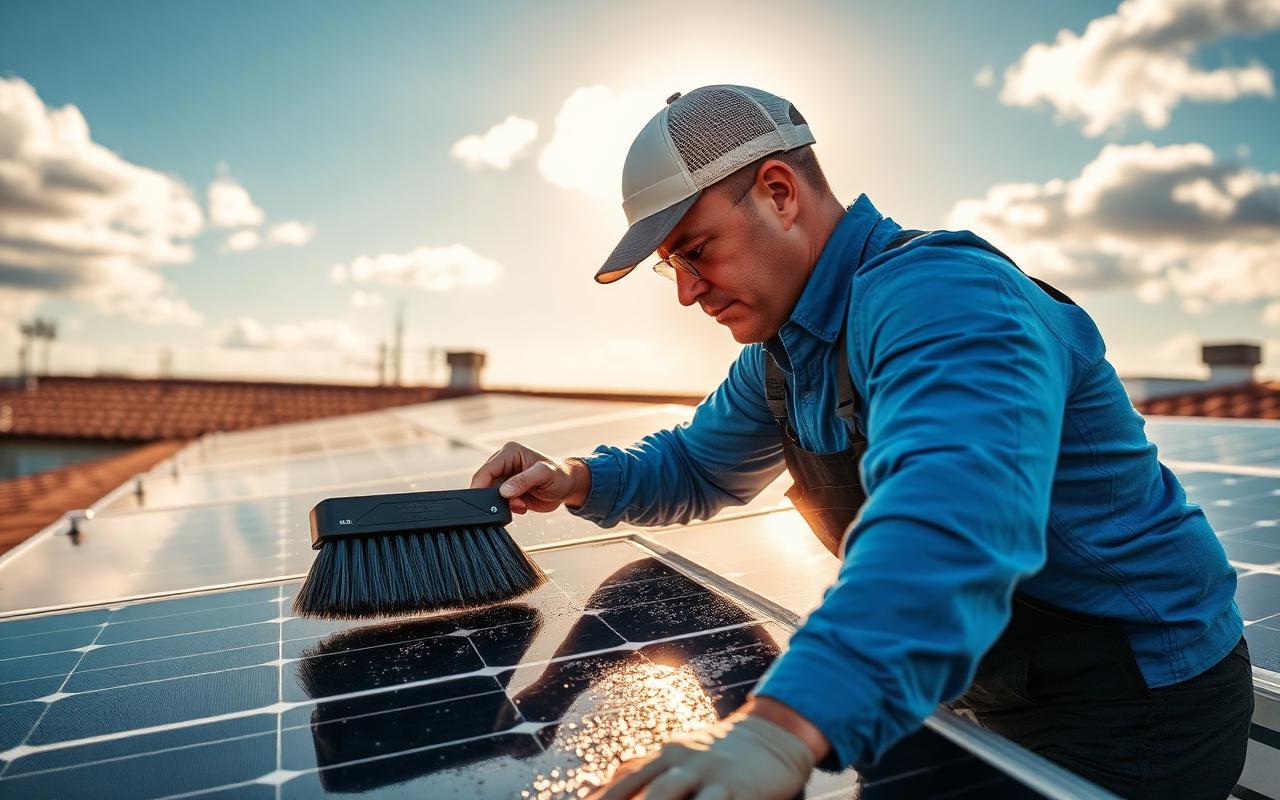 Técnico realizando higienização de painéis solares